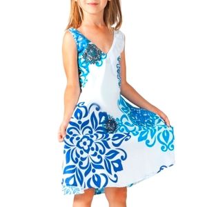 White & Blue Floral V-neck dress